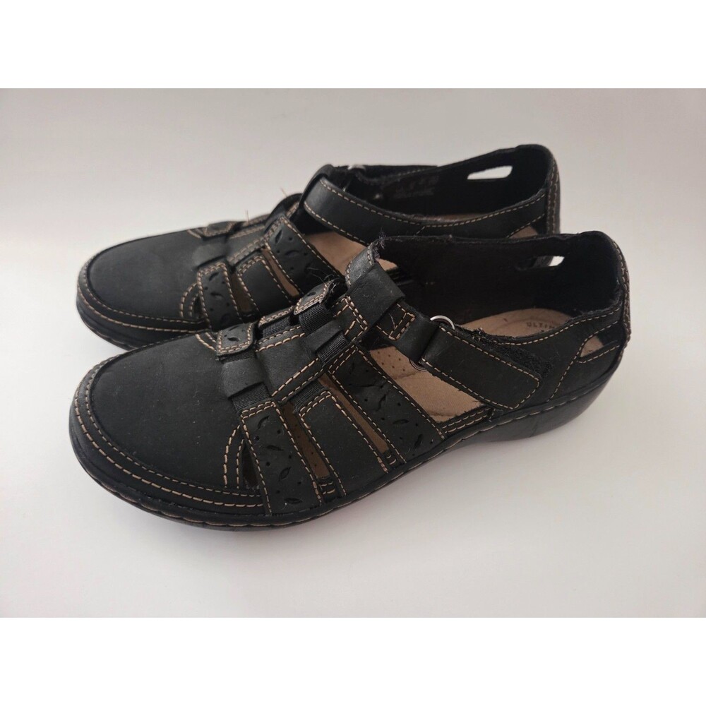 Clarks Cora River Loafer Sandal Women’s Black Leather Fisherman Woven Size 5.5 M